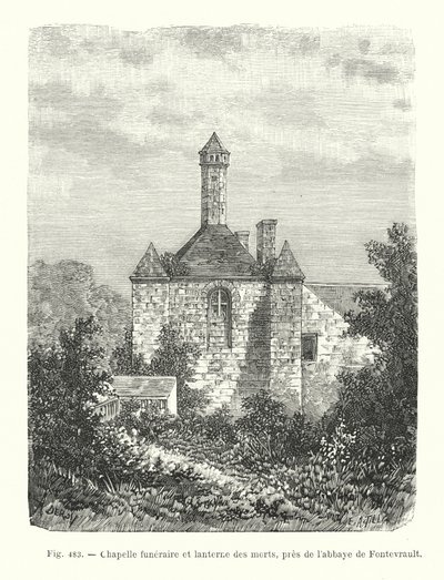 Temetési kápolna és halottak lámpása, a Fontevrault-i apátság közelében (metszet) alkotó: French School