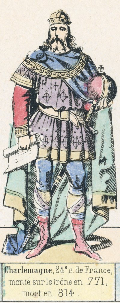 Nagy Károly, Franciaország 24. királya, 771-ben lépett trónra, 814-ben halt meg (színes metszet) alkotó: French School