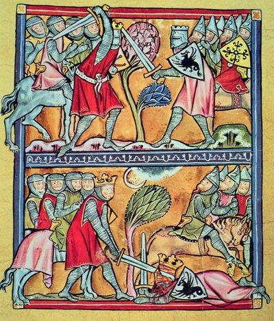 Nagy Károly és paladinjai a szaracénok elleni harcban, miniatűr a „Charlemagne and his paladins”-ból (vellum) alkotó: French School