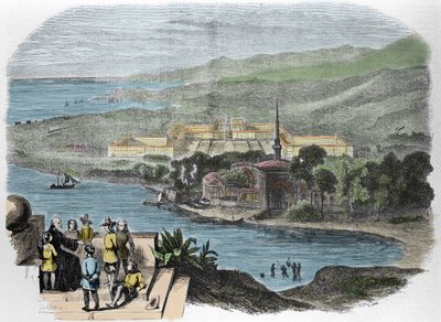 Charles Fourier (1772-1837), francia szocialista teoretikus: metszet, amely a Phalanstere eszményképét mutatja 1848-ból. alkotó: French School