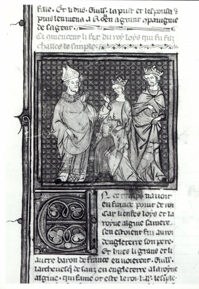 III. Károly (879-929) az Egyszerű feleségével és fiával, IV. Lajossal (921-954), Grandes Chroniques de France, 1375-79 alkotó: French School