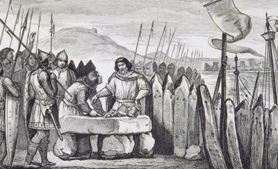 III. Kövér Károly (839-88) lefizeti a viking hódítókat 886-ban Colart "Histoire de France" című művéből, amely 1840 körül jelent meg (metszet) alkotó: French School