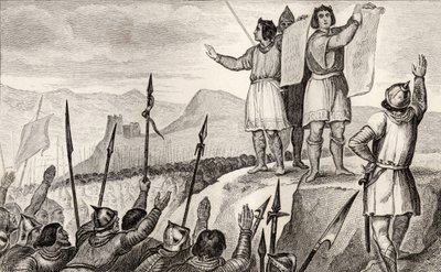 II. Károly (823-77) Kopasz és testvére, Német Lajos szerződést köt Strasbourgban 842-ben Colart "Histoire de France" című művéből, amely 1840 körül jelent meg. alkotó: French School