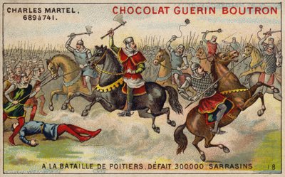 Charles Martel legyőzte a 300 000 fős szaracén hadsereget a poitiers-i csatában, 732 (chromolitho) alkotó: French School