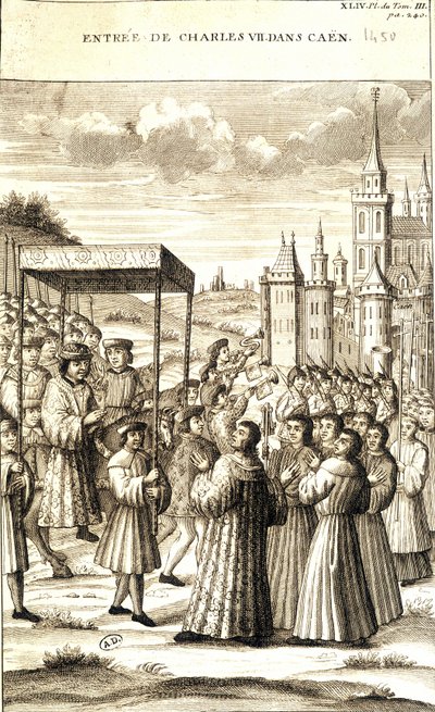 VII. Károly 1450-ben lépett be Caenbe. alkotó: French School