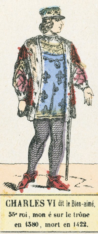 VI. Károly a Szeretettnek nevezett, 53. király, 1380-ban lépett trónra, 1422-ben halt meg (színes metszet) alkotó: French School