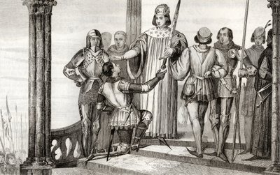 Bölcs V. Károly (1358-80) átadja kardját Duguesdinnek Colart „Histoire de France” című művéből, amely 1840 körül jelent meg. alkotó: French School