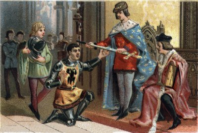 V. Károly A bölcsek (1338-1380) ünnepélyesen átadják az összekötő Bertrand du Guesclin (1320-1380) sebességét. Kromolitográfia 1890 körül. alkotó: French School