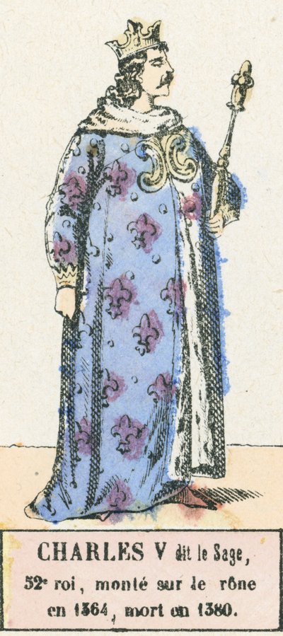 V. Károly, 52. király, 1364-ben lépett trónra, 1380-ban halt meg (színes metszet) alkotó: French School