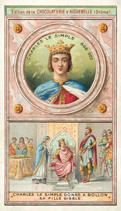 Egyszerű Károly feleségül adja lányát, Gisele-t Normandiai Rollónak, 911 (chromolitho) alkotó: French School