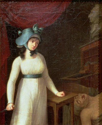 Charlotte Corday (1768-93) és Jean Paul Marat (1743-93) meggyilkolása a Bath-ben alkotó: French School