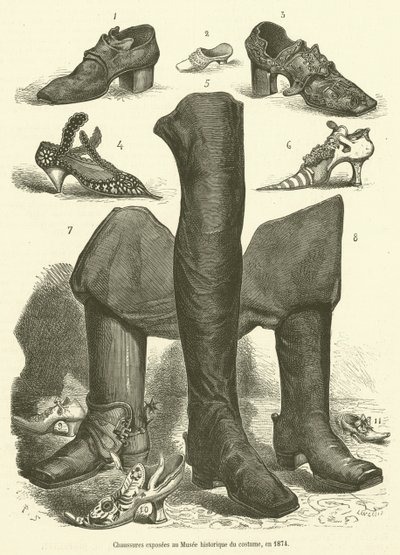 A Történelmi Jelmezmúzeumban kiállított cipők 1874-ben (metszet) alkotó: French School