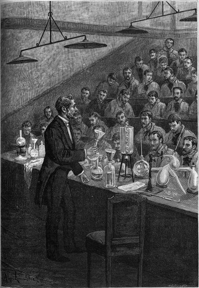 Kémiaórák az Ecole Centrale de Paris-ban. Metszet az „ifjúság újságjában” 1887. alkotó: French School