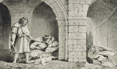 I. Childebert (498-588 körül) testvérei örököseinek meggyilkolásakor, Colart „Histoire de France” című művéből, 1840 körül megjelent alkotó: French School