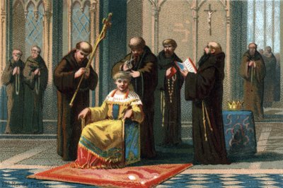 III. Childeric, király 742 és 752 között, a Saint-Omer melletti Saint Bertin kolostorban, ahová az ausztrál palota polgármestere, Charles Martel zárta be, 737. Kromolitográfia 1890 körül. alkotó: French School