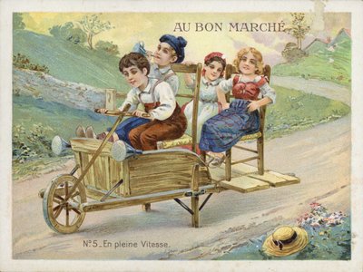 Gyerekek játszanak átalakított talicskán alkotó: French School