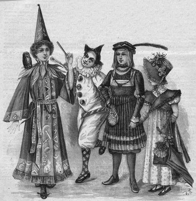 Gyermekruházat: boszorkányjelmezek, bohóc, lap és „Birodalom”. Metszet a „La gazette du dimanche”-ban, 1896. január 23-án. alkotó: French School