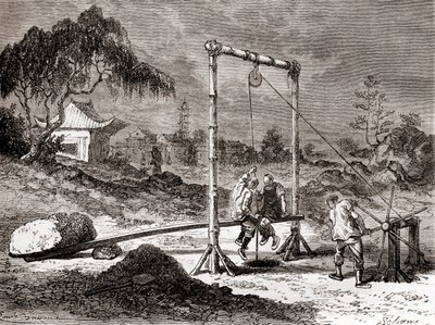 Kínai munkások a 19. században, akik kutat ástak sós víz kitermelésére, a „Les Merveilles de la Science”-ből, 1870 körül megjelent (metszet) alkotó: French School