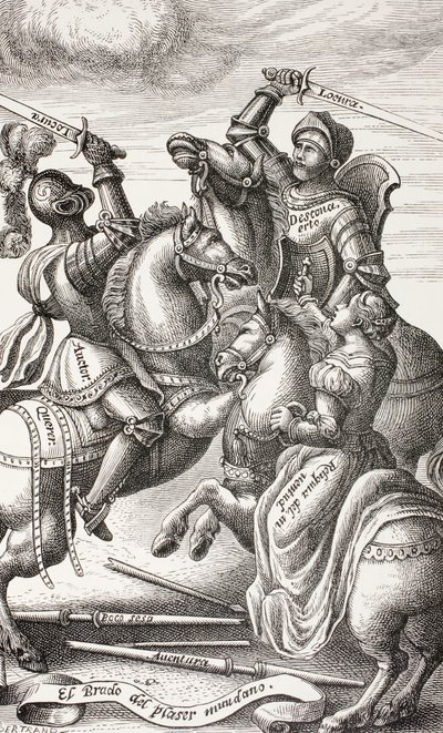 Az allegorikus alakok által képviselt lovagiasság Paul Lacroix „Katonai és vallási élet a középkorban” című művéből, 1880 körül Londonban (litho) alkotó: French School