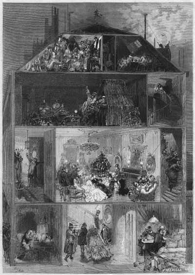 Szenteste: egy párizsi épület keresztmetszete, amely a szilveszter ünneplésének különböző módjait mutatja be. Metszet a „” Le Monde Illustré”” 810. számában, 1872. október 19. alkotó: French School