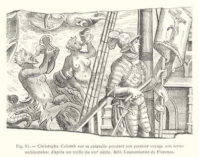 Kolumbusz Kristóf karavelláján, első nyugati vidéki útja során; századi niello után, Bibl Laurentienne de Florence (metszet) alkotó: French School