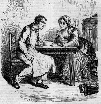 Christophe és a kövér Sylvie: szolgák reggeliznek. Metszet 19. század közepe. Illusztráció Honore de Balzac (1799-1850) „The Father Goriot”-hoz. alkotó: French School