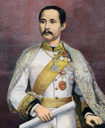 Chulalongkorn (1853-1910), Sziám királya. 1897-ben Chulalongkorn volt az első sziámi uralkodó, aki Európába látogatott. Illusztráció a Le petit Journalból alkotó: French School