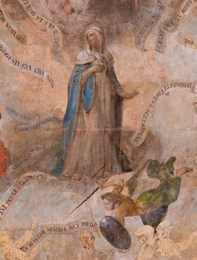 templom (Keresztelő Szent János templom). Belső. Saint-Fursy kápolna. Falfestmények. Mária dicsőítése (a jó halál néven ismert freskó). Kezdje a 17. századot. alkotó: French School