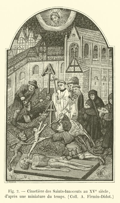 Szentek-ártatlanok temetője a 15. században, egy akkori miniatűrből, Coll A Firmin-Didot alkotó: French School