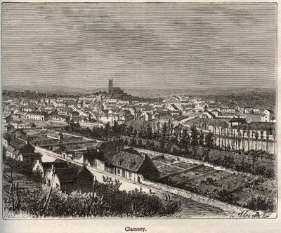 Clamecy - Nievre - Burgundia - metszet a „La France illustree: földrajz, történelem, statisztikai igazgatás” könyvében, V.A. Maláta-barna. 1884 alkotó: French School