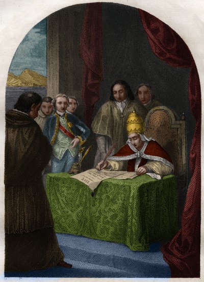 XIV. Kelemen (Clemente vagy Clemens) (1705-1774) a Jezsuita Társaság felszámolásáról 1773. július 21-én. Vésett 1842-ből a „Histoire des Popes: bűnök, gyilkosságok, mérgezések, paricidák, házasságtörések, vérfertőzés...” című könyvében Maurice Lachatre. Ma alkotó: French School