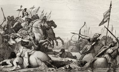 Clodion, A szőrös (428-47 körül) Visszavonul a hídon Aetius legyőzése után, Colart „Histoire de France” című művéből, 1840 körül. alkotó: French School