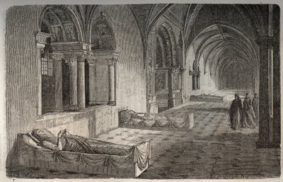 Fontevrault-i kolostor II. Henrik szobraival - Eleonore de Guyenne - metszet Victor Duruy (1811-1894) „Histoire de France” című könyvébe – 1882 alkotó: French School