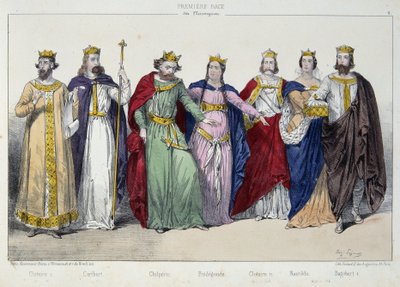 Clotaire (Clothaire) I, Caribert, Chilperic, Fredegonde, Clotaire II, Nantilde, Dagobert I - a „La monarchy francaise en estampes” című filmben” alkotó: French School