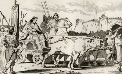 III. Clovis (682-95) ökrök által vontatta szekéren, mellette lovagolva Herstal Pepin II (714 körül), Colart „Histoire de France” című művéből, 1840 körül. alkotó: French School