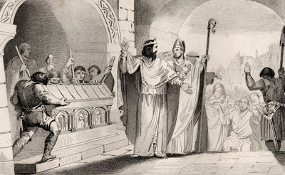 II. Clovis (635-57) Ezüst és arany eladása a szentélyből a szegények táplálására, Colart „Histoire de France” című művéből, 1840 körül. alkotó: French School