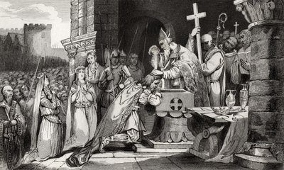 I. Clovis (465-511) a tolbiaci csata előtt seregének embereivel megkeresztelkedett, Colart „Histoire de France” című művéből, 1840 körül. alkotó: French School