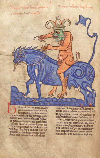 Tőkehal. Guelf. 1 Gud. lat. 41V, Sátán Behemóton lovagol, Liber Floridusból, Lambert de Saint-Omer 1120 körül alkotó: French School