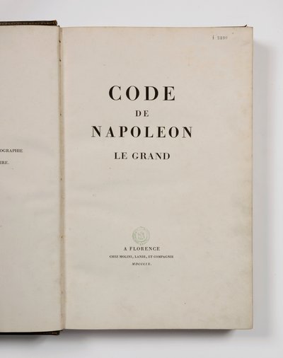 Nagy Napóleon kódexe, megnyitva a címlapon, megjelent Firenze, Molini, Landi et Cie, 1809 alkotó: French School