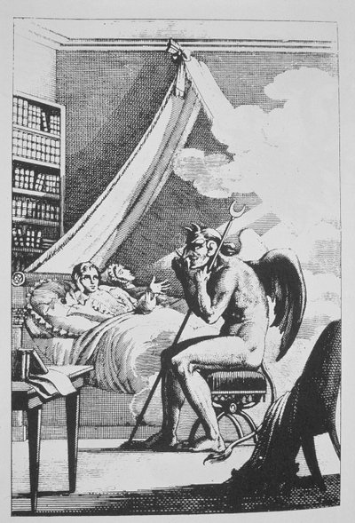 Collin de Plancy (1793-1887), aki az ördöggel beszélget, a Le Diable Peint par Lui-meme (1825) című művéből, a 19. század végén megjelent mágiatörténetben illusztrálva alkotó: French School