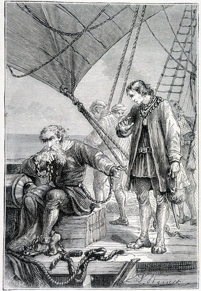 Kolumbusz gazembernek kötve (a hajófedélzeten), ill. "" Discovery de la Terre" - Jules Verne, szerk. Hetzel, n.d. 19. alkotó: French School