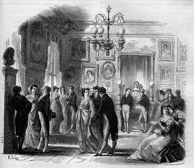 Comedie Francaise: a művészek előcsarnokának képe, Francois-Joseph (Francois Joseph) Talma (1763-1826) és Anne Boutet, Mademoiselle Mars (1779-1847) francia komikus. Metszet 1867-1868. alkotó: French School