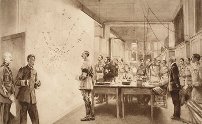 A francia repülésügyi minisztérium parancsnoka és személyzete az 1914-1919-es párizsi gothai rajtaütés előrehaladását figyelve alkotó: French School