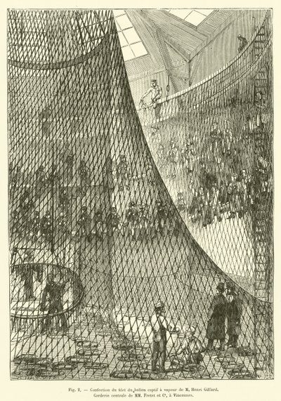 M. Henri Giffard, az MM Fretet et Ce Corderie centrale-jének hálójának elkészítése Vincennesben (metszet) alkotó: French School