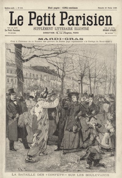 Konfetticsata a párizsi körúton Mardi Gras-kor (metszet) alkotó: French School