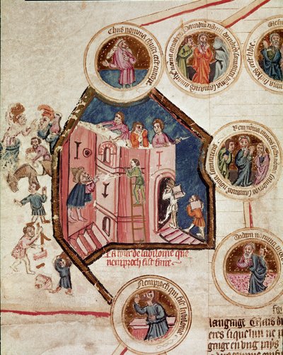 A babiloni Bábel tornyának építési helye Oldal a francia iskola "Genealogia de la Bible" című kéziratából. XIV. század Cremone, biblioteca governativa alkotó: French School