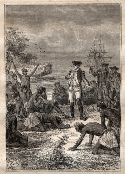 Cook fogadása a bennszülöttek részéről - James Cook harmadik útja - Cookot a bennszülöttek fogadták - James Cook harmadik útja a Csendes-óceánon - Illusztráció Jules Verne „A 18. század nagy tengerészei” című könyvéből alkotó: French School