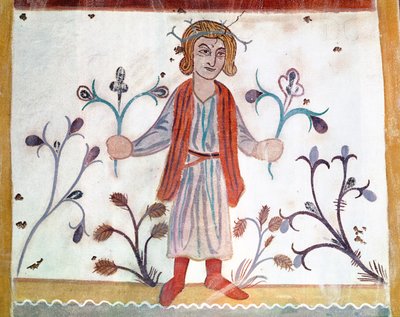 Egy áprilist ábrázoló középkori eredeti másolata a Hónapok Foglalkozásaiból, a Chapelle de Pritz, Laval alkotó: French School