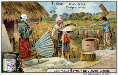 Coree: rizs betakarítás, szövés és cséplés - chromo. LIébig, v.1900 alkotó: French School