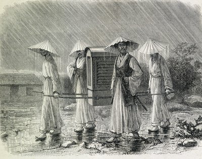Coreens palanquin (a coreens esőöltönye) ruhák, melyben egy széket cipel. Az illusztráció H. Zuber úr, volt tengerésztiszt "Egy koreai expedíció" című művéből származik (1866) - a "Tour du Monde" című könyvből. alkotó: French School